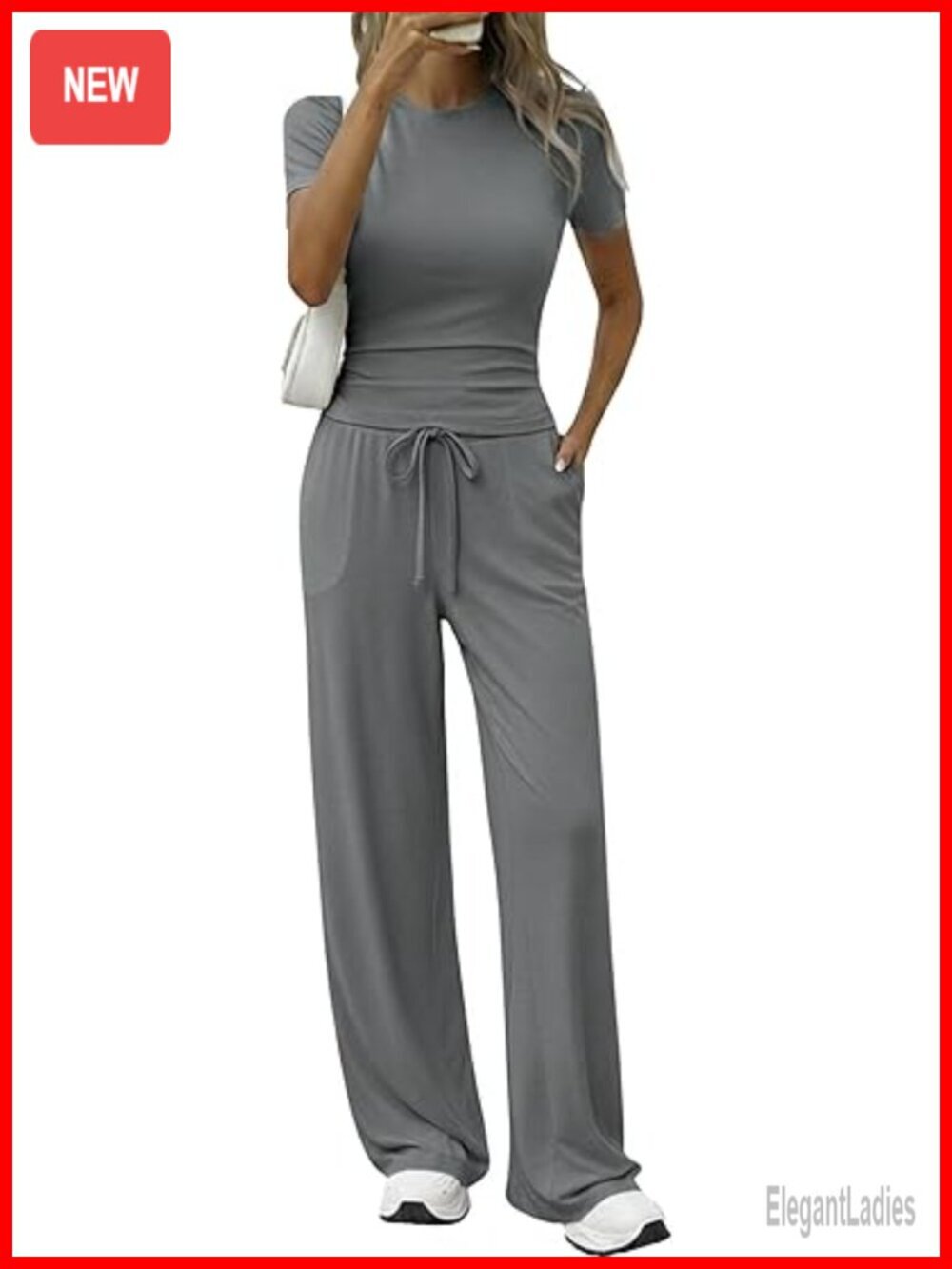 2 Piece Lounge Set Short Sleeve Top High Waisted Wide Leg Pants with Pockets